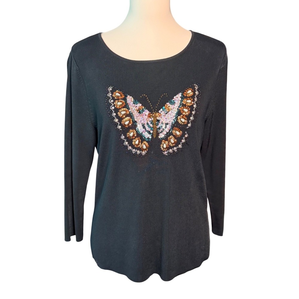 Vintage 90s Lucia Burns L Black Beaded Sequin Butterfly Sweater Top Hong Kong